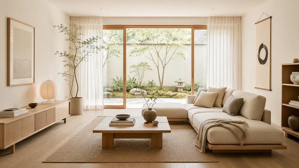 Un ambiente moderno arredato in stile Japandi con divano e tavolino bassi in legno chiaro