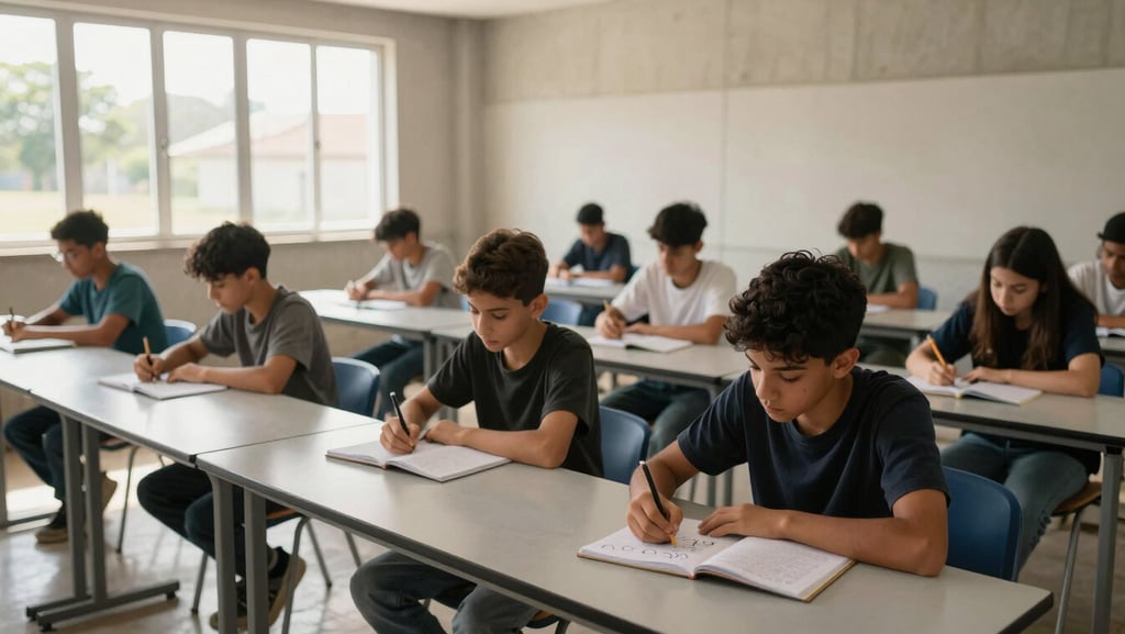 Wide environmental shot inside a community study room in Parque Brasil — teenagers seated at long tables with notebooks open, afternoon light entering through tall windows on the left, one student in the foreground tracing letters with a pencil, warm concrete walls, honest and unposed