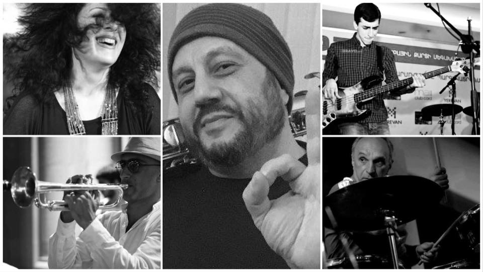 Black and white collage of jazz musicians performing with trumpet, bass, and drums.