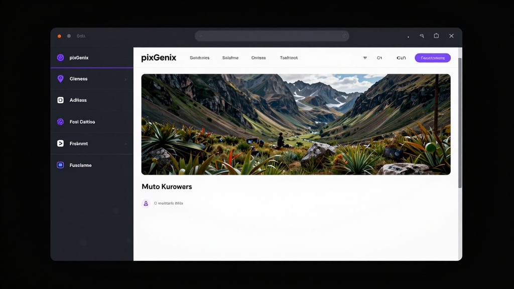 Wide panoramic view of a full desktop browser window showing the PixGenix AI dashboard, all five tool tabs visible in a dark sidebar, a generated image output displayed in the main panel, high-contrast dark UI with electric purple and cyan accent lines, tight crop to the screen edge, no bezel
