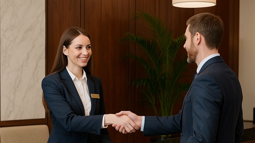 Resepsionis hotel menyambut tamu di lobi modern dan elegan.