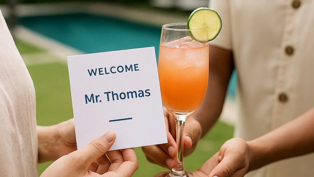 Tamu menerima welcome drink dengan kartu sambutan personal di hotel.