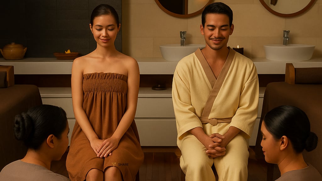 A man and woman enjoy a relaxing luxury spa treatment in a modern wellness center.