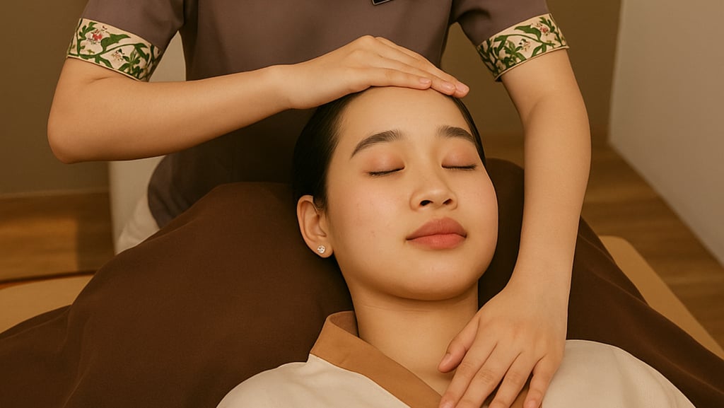 A woman receiving a relaxing professional head and facial massage at a luxury wellness spa.