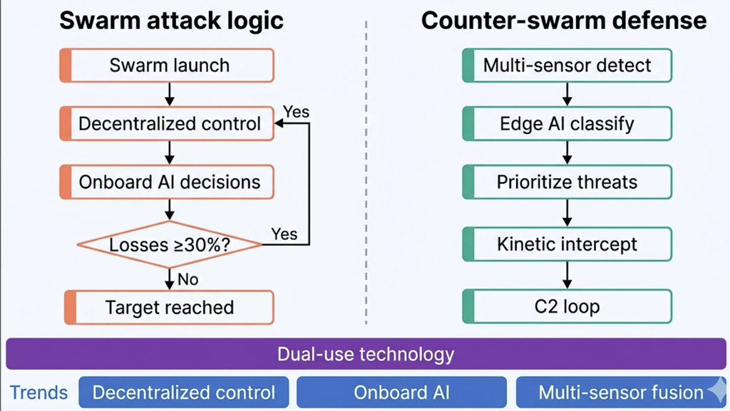 Flowchart comparing drone swarm attack logic with AI-powered counter-swarm defense systems.