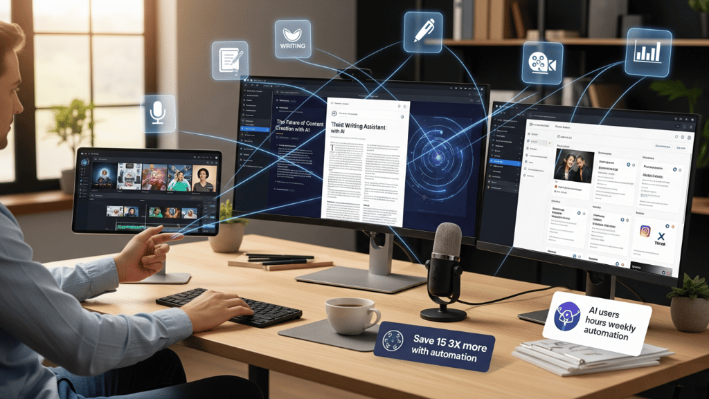 Content creator using multiple screens to work with AI writing, video, and scheduling tools.