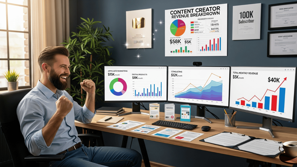 Content creator celebrating while reviewing a dashboard with multiple revenue streams.