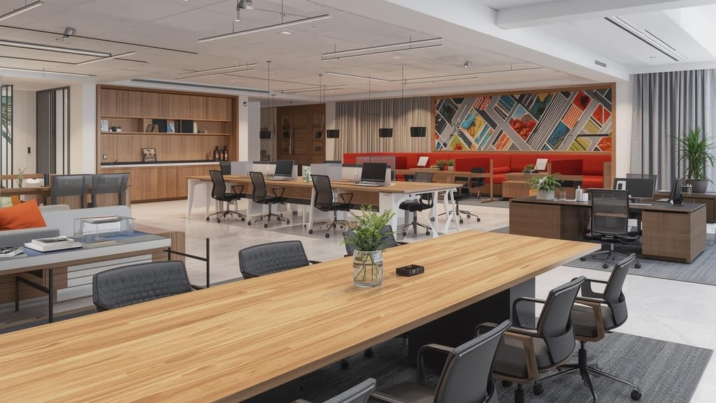 Modern open-plan office interior with wooden desks, ergonomic chairs, and creative wall art.