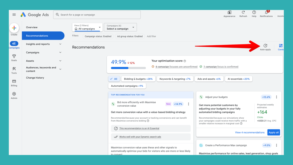 google ads auto-applied recommendation section