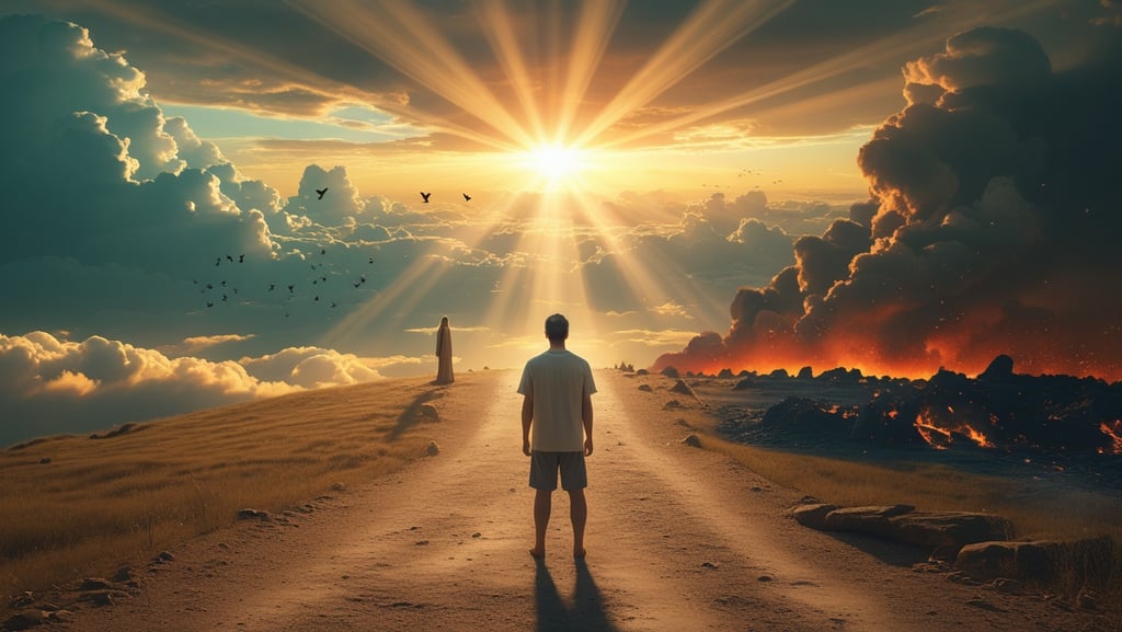 Silhouette of a person at a crossroads between a heavenly golden light and a dark fiery abyss.