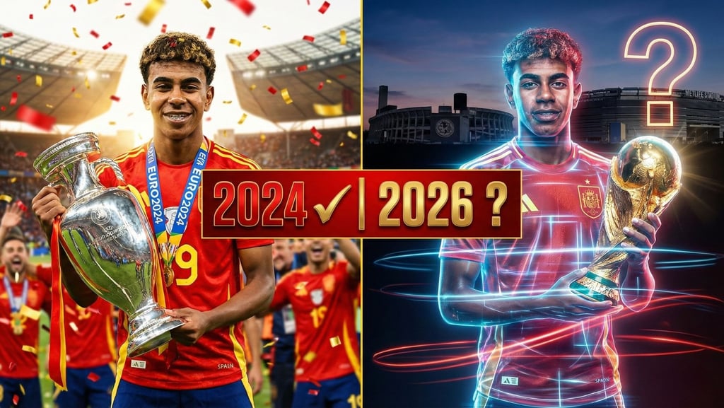 Lamine Yamal holding the Euro 2024 trophy alongside a conceptual image questioning his potential to