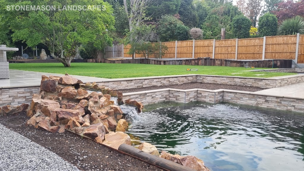 800m2 Full Garden Remodel Pond, Waterfall Split-face Tiled Wall Step