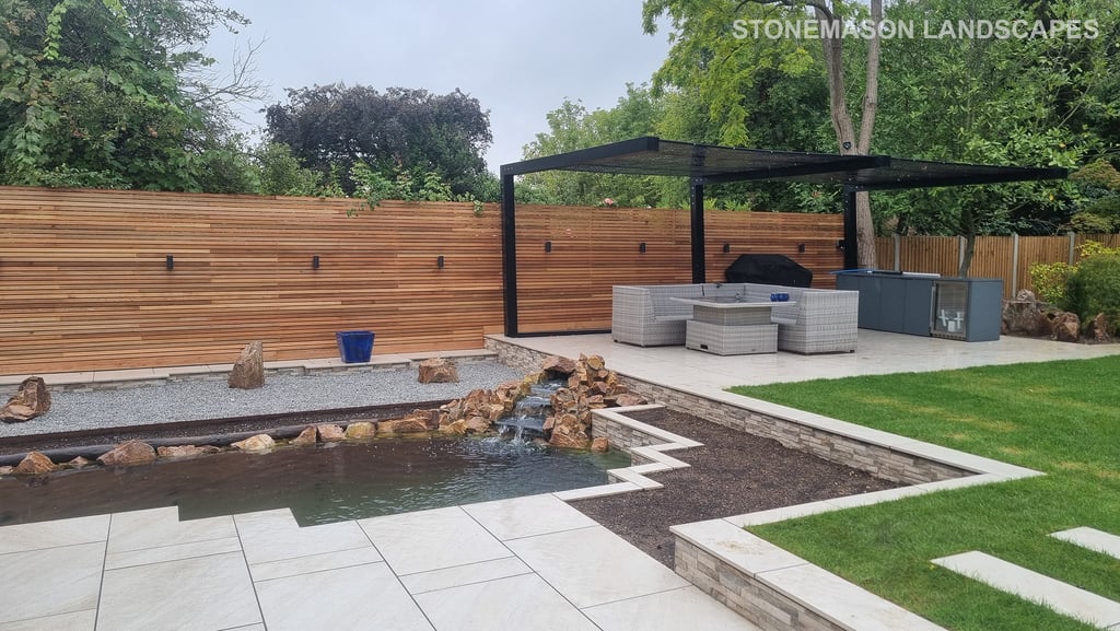 800m2 Full Garden Remodel Garden Kitchen, Patio, Pergola, Pond, Waterfall Split-face Tiled Wall Step