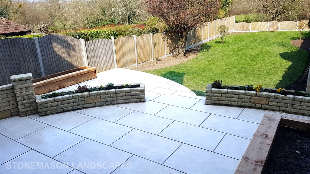 Elevated raised porcelain patio renovation and lawn levelling - Upminster 