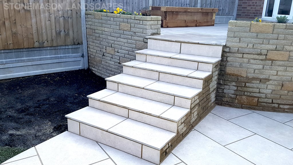 Elevated raised porcelain patio renovation and lawn levelling - Upminster 