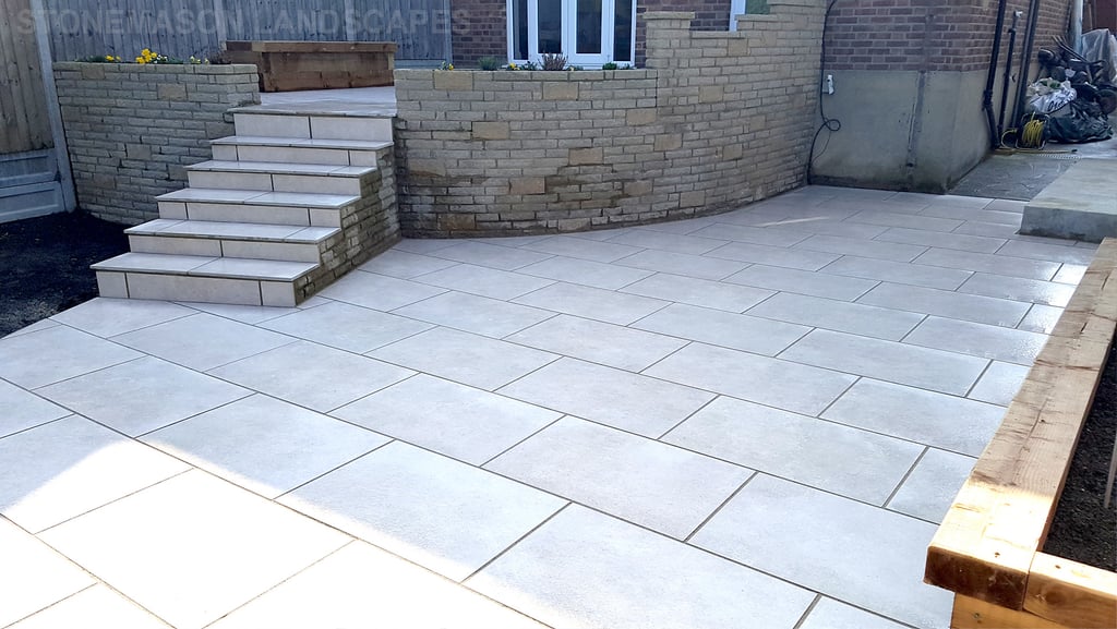 Elevated raised porcelain patio renovation and lawn levelling - Upminster 