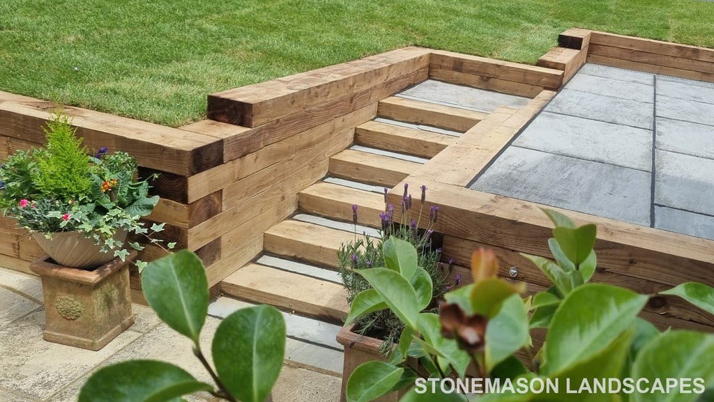 Sleeper Walls Planters & Steps Grey Sandstone Patio & Lawn - Upminster Hornchurch Brentwood Romford 