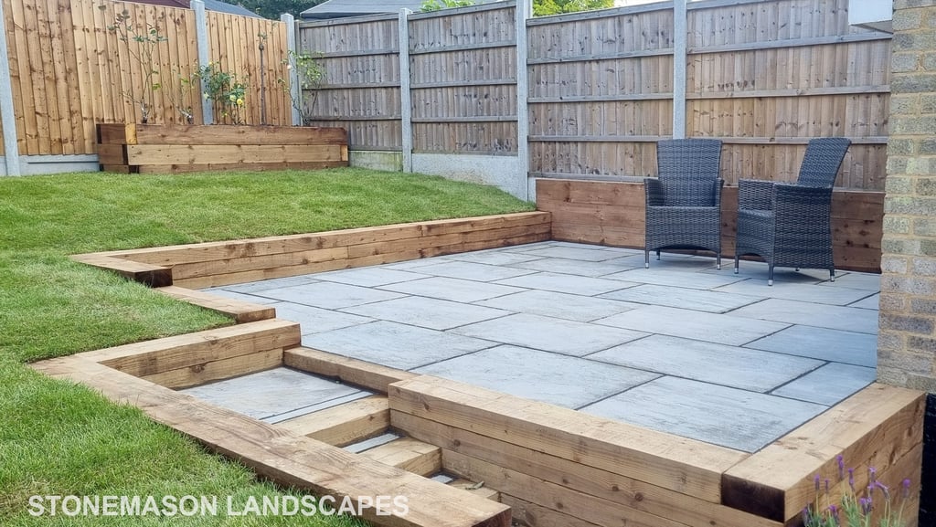 Sleeper Walls Planters & Steps Grey Sandstone Patio & Lawn - Upminster Hornchurch Brentwood Romford 