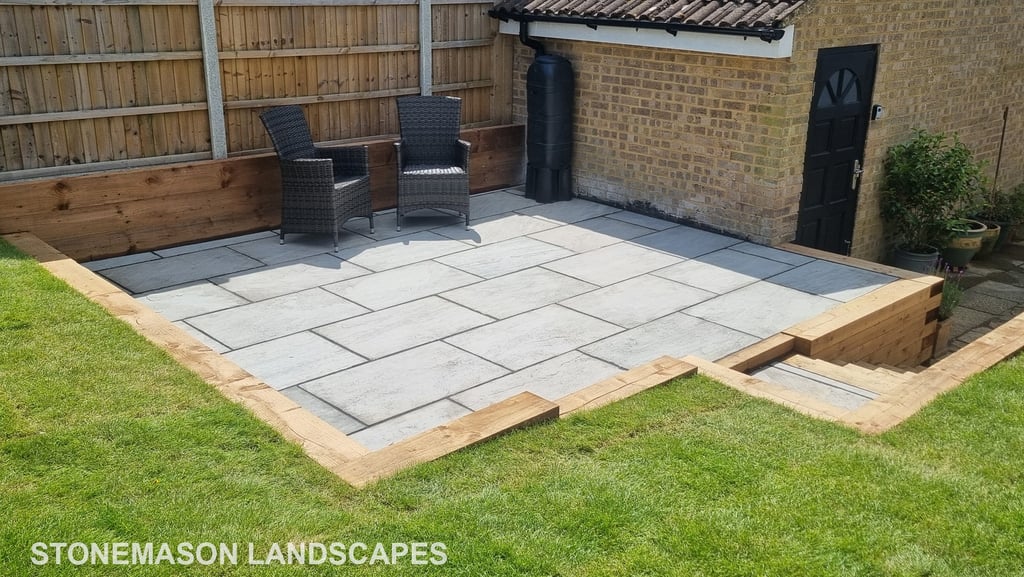 Sleeper Walls Planters & Steps Grey Sandstone Patio & Lawn - Upminster Hornchurch Brentwood Romford 