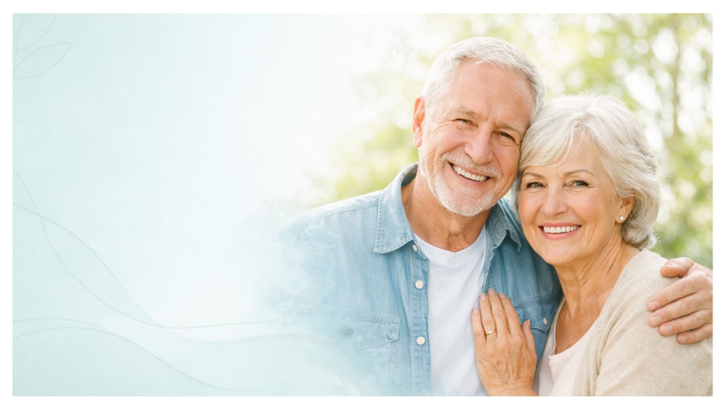 Smiling senior couple embracing outdoors, representing healthy aging and retirement lifestyle.