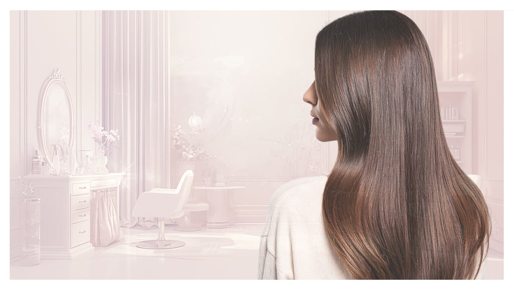 A woman with long, silky brown hair facing away in a bright, modern luxury hair salon.