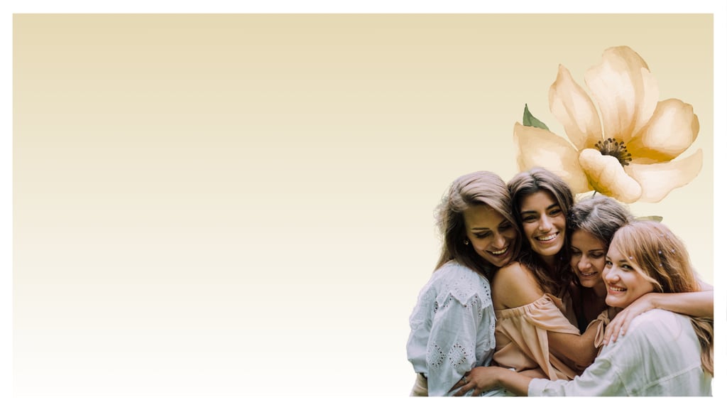 Four smiling young women hugging and laughing together beneath a large yellow flower illustration.