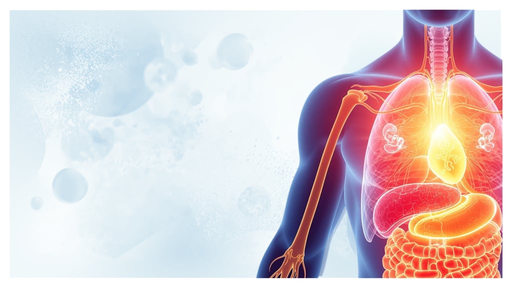 Anatomical illustration of the human torso showing glowing internal organs including heart, lungs, and digestive system.