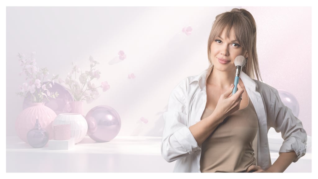 Smiling woman applying makeup with a cosmetic brush against a soft pink aesthetic background.
