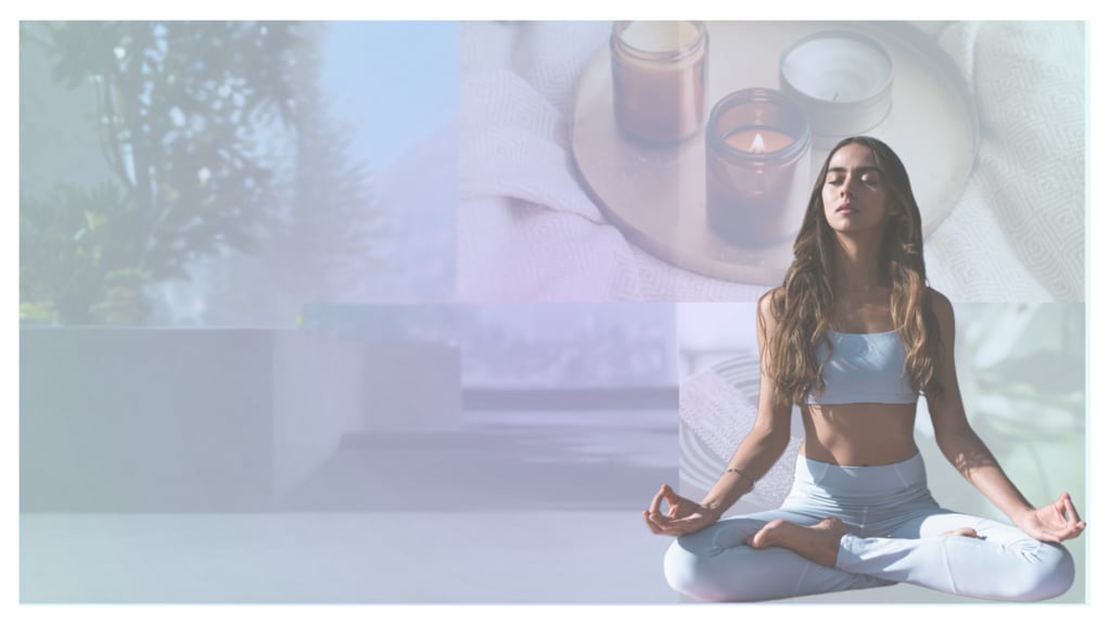 A woman practices mindfulness meditation in a lotus pose near scented candles for wellness and relaxation.
