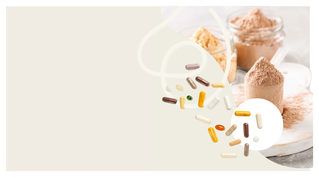 Assorted dietary supplement capsules and protein powder scoops for health and wellness.