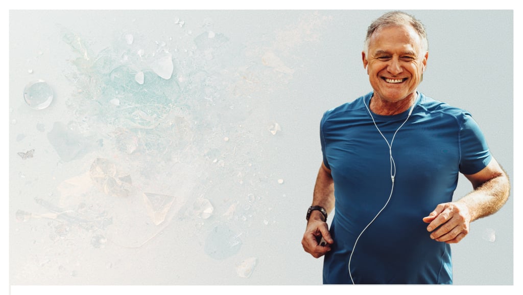 A happy senior man jogging while listening to music for active lifestyle and health.