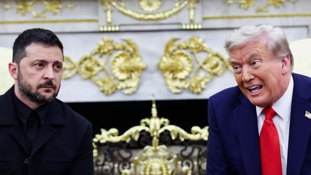 Volodymyr Zelensky com uma expressão séria e Donald Trump sorrindo em um encontro.