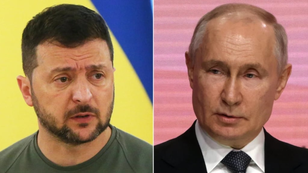 Montagem fotográfica de Volodymyr Zelensky e Vladimir Putin, com expressões sérias.