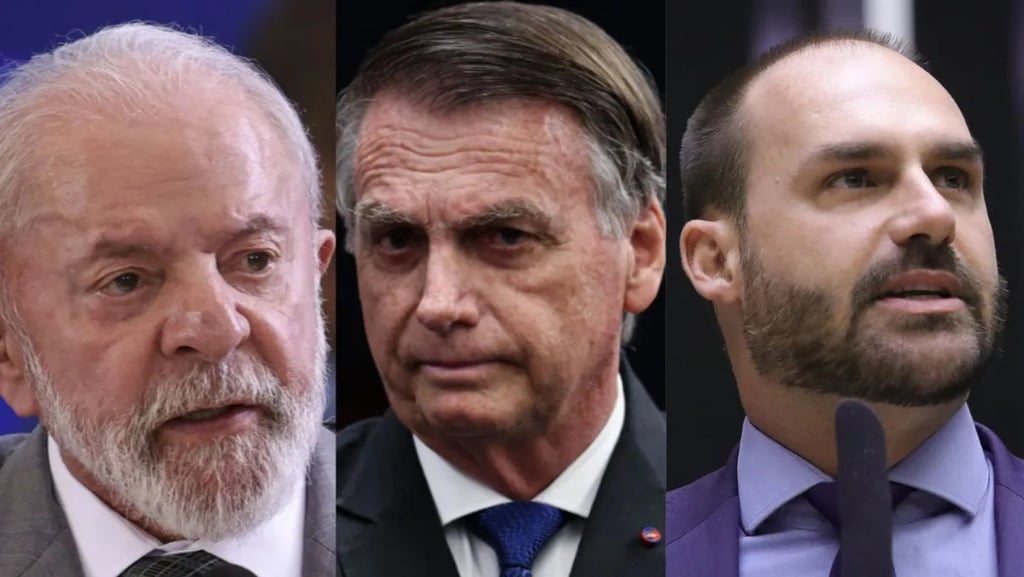 Montagem fotográfica de Lula, Jair Bolsonaro e Eduardo Bolsonaro, em close-up.