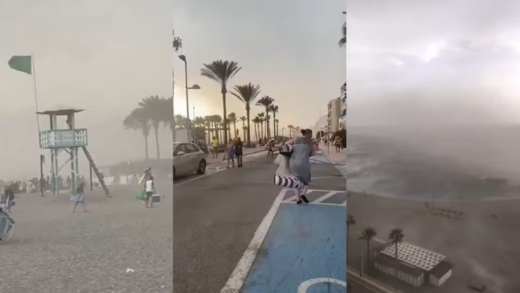Imagem dividida mostrando uma tempestade de areia em uma praia na Espanha.