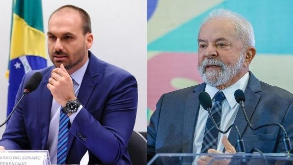 Montagem fotográfica de Eduardo Bolsonaro e Lula em eventos políticos.