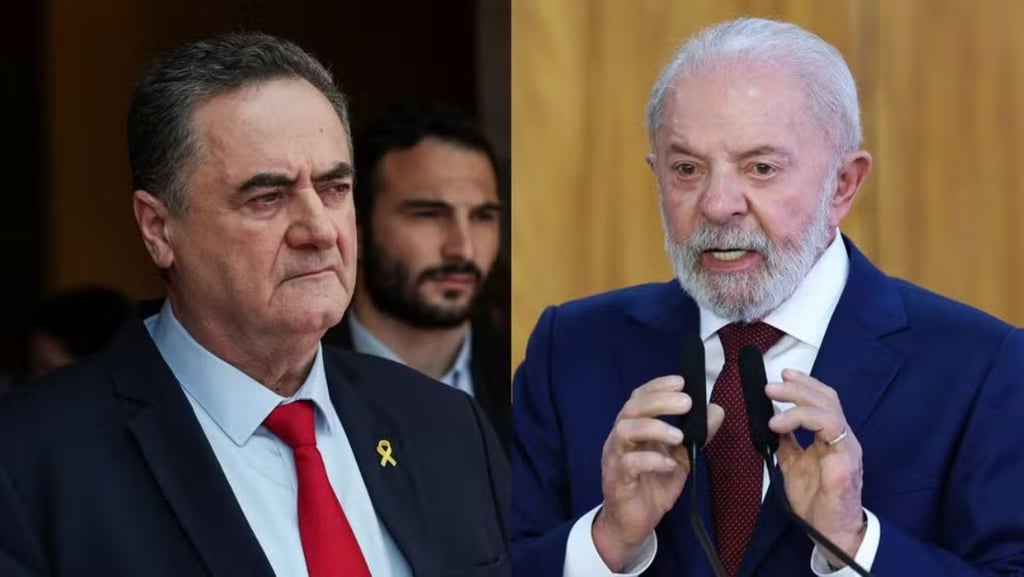 Montagem fotográfica de Israel Katz e Lula em eventos políticos.