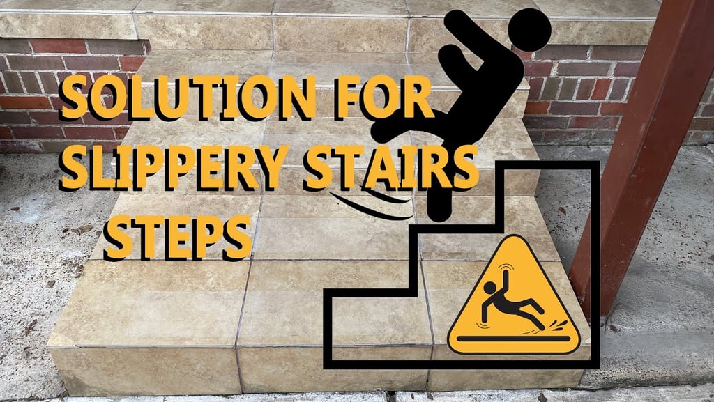 Picture of figure slipping on stairs steps as warning about slippery steps