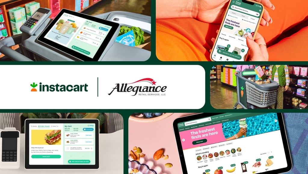 Instacart and Allegiance Retail Services smart grocery carts and mobile app for seamless grocery shopping.