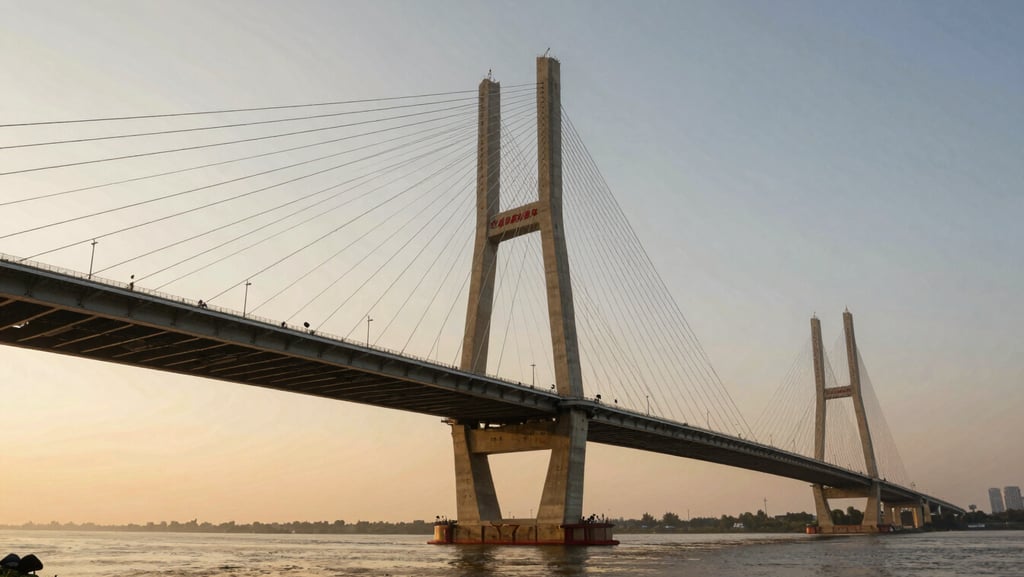Low-angle wide shot of a completed cable-stayed bridge at golden hour, spanning a wide river, structural cables radiating from twin towers, warm amber light catching concrete surfaces, industrial scale dominating the frame