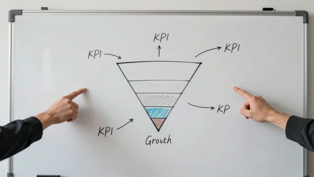 Wide-angle overhead shot of a whiteboard covered in growth funnel diagrams and KPI annotations, two sets of hands pointing at a conversion metric, natural north-facing office light