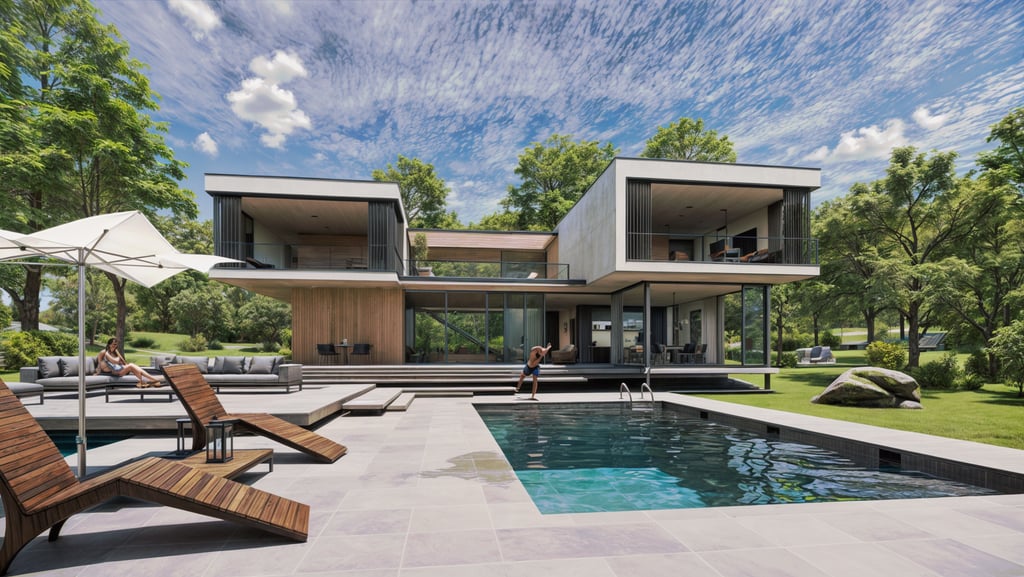 a house with a pool and lounge chairs