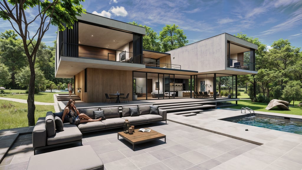 a woman sitting on a couch in front of a house