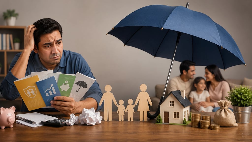 Person comparing insurance options while a protected family symbolizes the right LIC policy choice.