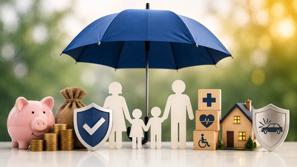 Family protected under an umbrella with symbols representing additional insurance rider benefits.