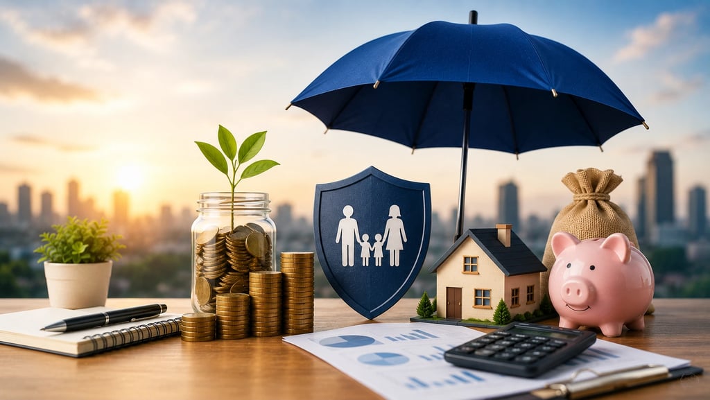 Financial planning concepts including savings, investments, insurance, and goal-based wealth creatio