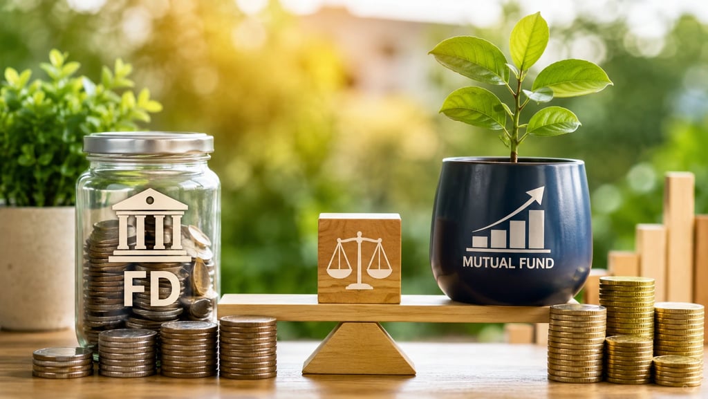 Comparison of fixed deposit and mutual fund investment options with growth and savings symbols.