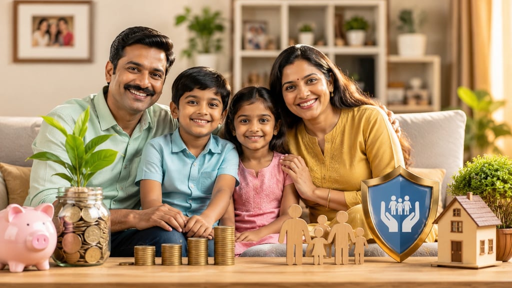 Happy family with savings, coins, and financial protection symbols representing the LIC Bima shree