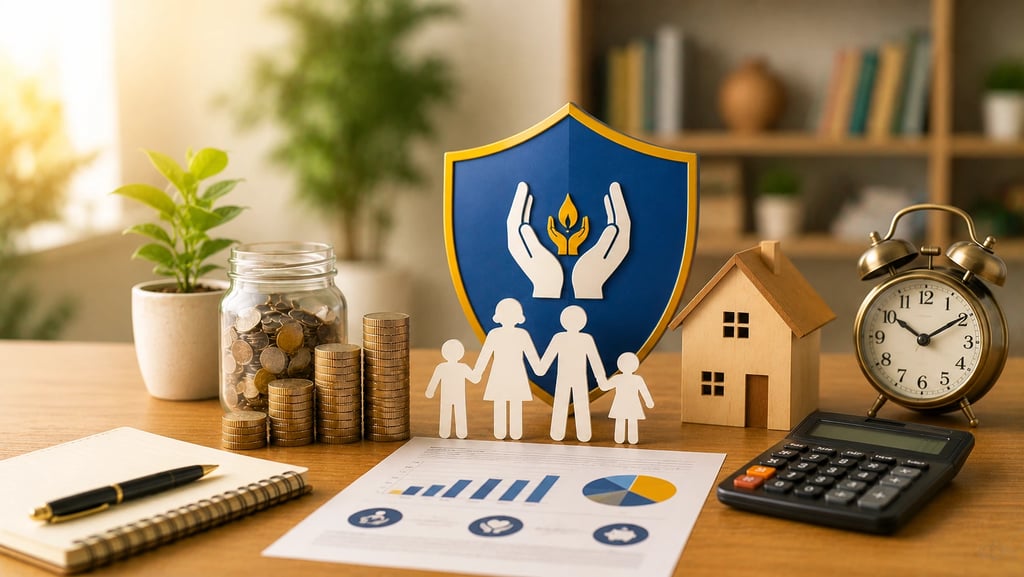 LIC Jeevan Labh planning concept with family protection, savings, home, calculator, and long-term 