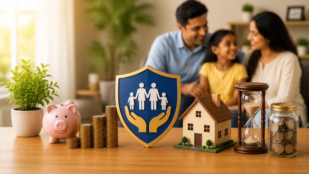 LIC New Jeevan Anand concept showing family, savings, home, and lifelong financial protection symbol
